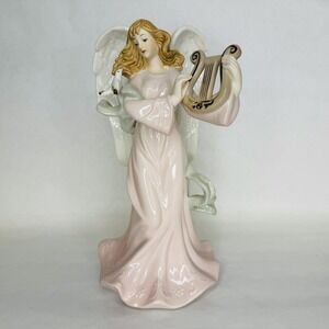 Classic Treasure Porcelain Angel with Harp Music Box "Hark the Herald" 9.5" Tall